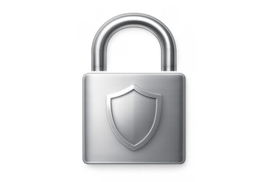Silver padlock with shield is securing important data on transparent background