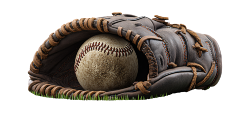 Vintage baseball glove holding a worn baseball on grass, closeup shot Concept of sport, recreation, nostalgia, and classic Americana