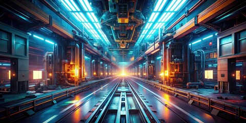 Double Exposure: Factory Tech Corridor - Futuristic Industrial Photography, AI Generated Image, Abstract Technology Background