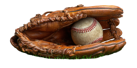 Vintage baseball glove holding a worn baseball on grass, showcasing the spirit of the game and nostalgia for classic sports equipment Concept of Americana, sport, and recreation