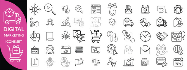 Digital Marketing Line Editable Icons set. Vector illustration for web and mobile app. Marketing related icons advertising, ecommerce, seo, content, streaming, website, social media, and more