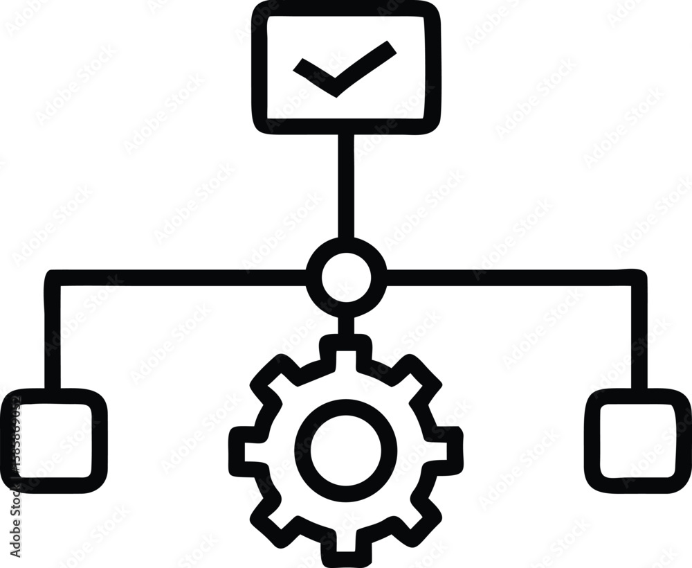 Poster outline workflow diagram featuring a checkmark, processing gear, and connected elements for organiza