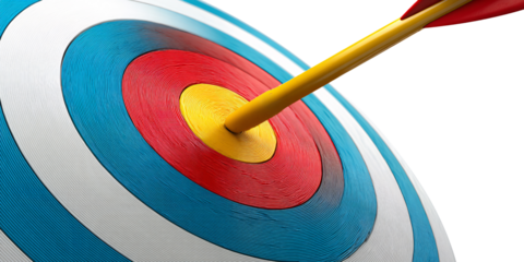 Arrow hitting the bullseye of a colorful target, achieving success and accuracy in business strategy and marketing goals Concept of focus, precision, and achievement