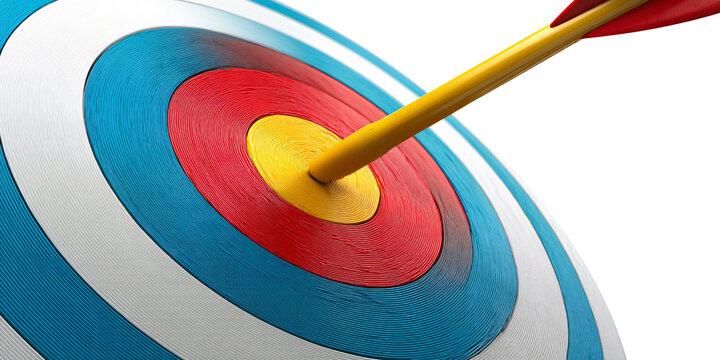 Arrow hitting the bullseye of a colorful target, achieving success and accuracy in business strategy and marketing goals Concept of focus, precision, and achievement