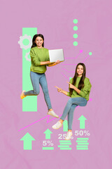 Vertical pop poster banner collage of happy businessman businesswoman stand megaphone graph diagram progress economy concept