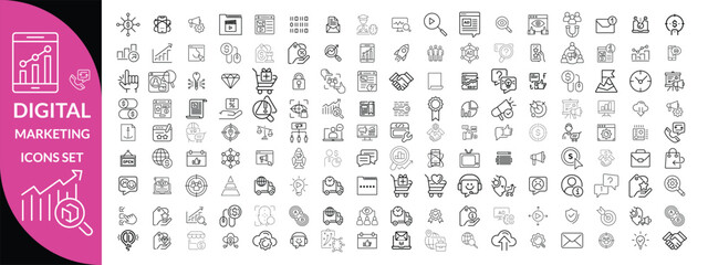 Digital Marketing Line Editable Icons set. Vector illustration for web and mobile app. Marketing related icons advertising, ecommerce, seo, content, streaming, website, social media, and more
