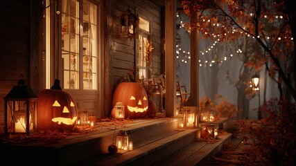 Halloween evening with carved pumpkins and lanterns on a cozy porch surrounded by autumn foliage - Powered by Adobe