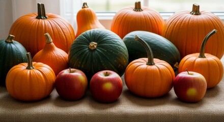 Beautiful autumn harvest arrangement featuring orange pumpkins, green acorn squash, and red apples on burlap fabric. Perfect for fall, thanksgiving, and seasonal decoration concepts.