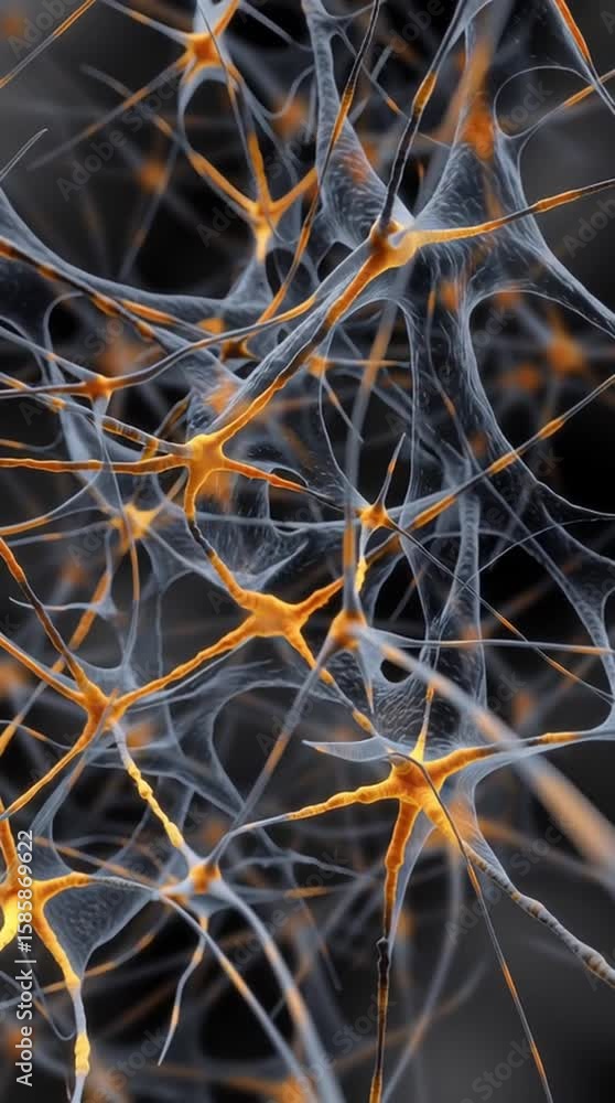 Poster amyloid plaque brain. neurodegeneration cells. a detailed close-up of interconnected orange and gray