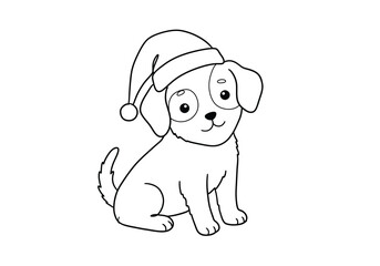 Obraz premium Christmas puppy drawing. Black and white outline of an adorable puppy wearing a Santa hat, embodying festive cuteness. Vector sketch line art draw.
