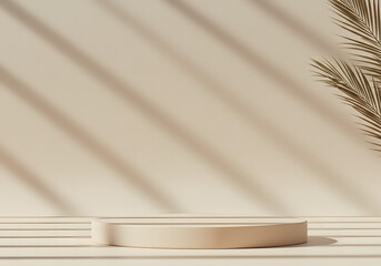 Minimalist beige display podium with palm leaves and sunlight casting striped shadows on the wall, ideal for tropical-themed product presentations or natural interior designs