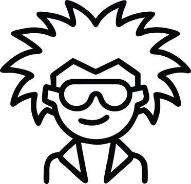 Outlined crazy hair scientist with glasses, outline icon character vector