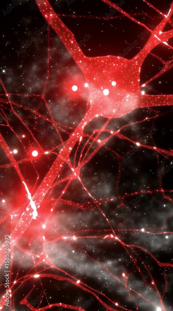 Poster amyloid plaque brain. neurodegeneration cells. brightly glowing red neurons connected by complex net