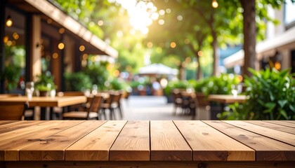 Empty wooden table outdoors, blurred city cafe