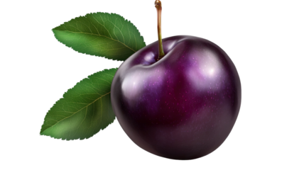 Ripe purple plum with green leaf and smooth skin texture isolated on white background