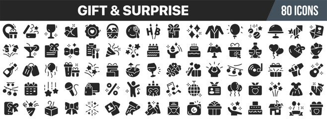 Gift and surprise icon set. Presents, celebration, party, event, shopping, holiday and birthday symbols. Vector illustration