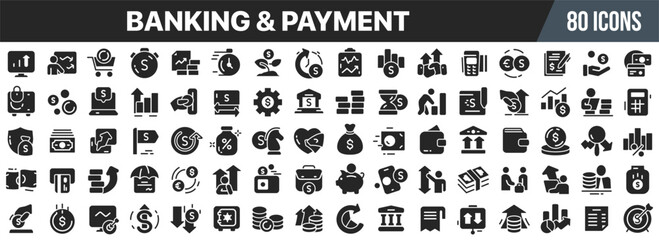 Banking and payment icon set. Financial operations, online banking, money transfer. Credit cards, loans, investments. Vector illustration
