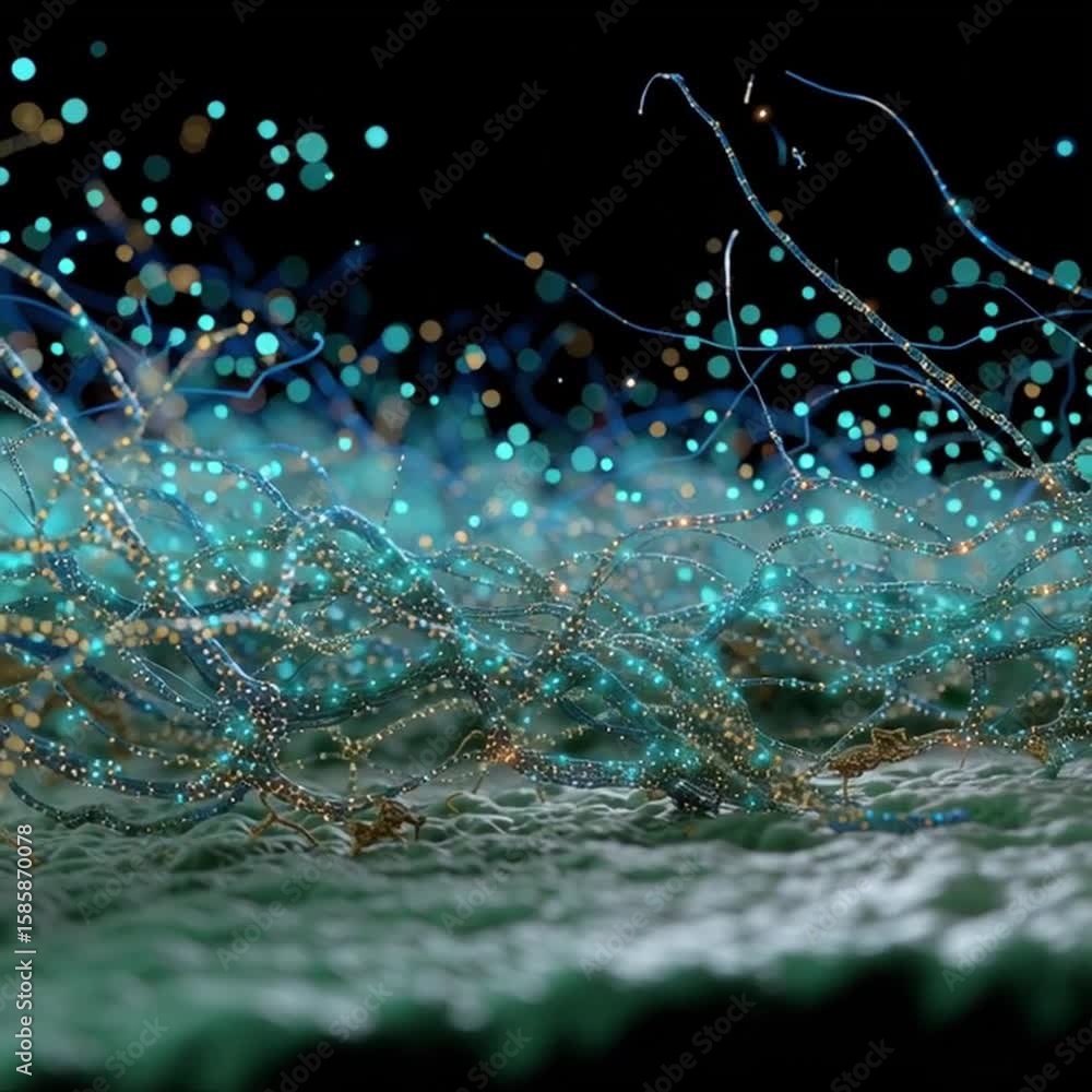 Poster amyloid plaque brain. neurodegeneration cells. glowing, interconnected strands resembling neural or 