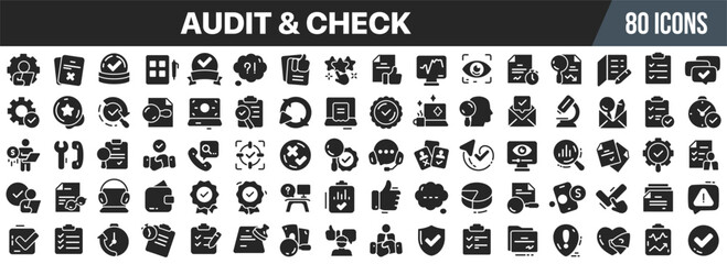 Audit and check icon set. Inspection, quality control, checklist, verification, analysis, report, and business review symbols. Vector illustration