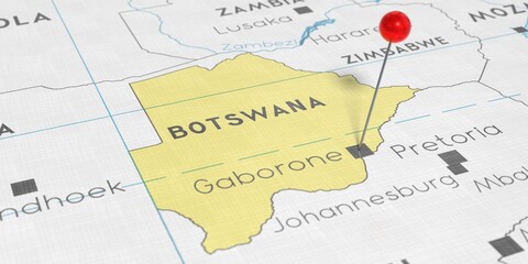 Botswana, Gaborone - push pin on political map - 3D illustration © PX Media