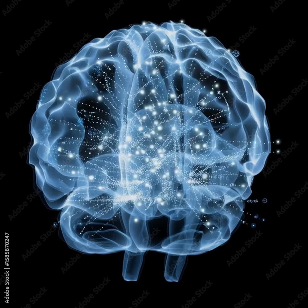 Poster amyloid plaque brain. neurodegeneration cells. a translucent digital rendering of a human brain with