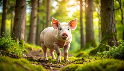 A piglet in a sunlit forest