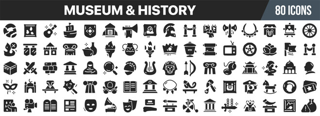 Museum and history icon set. Ancient artifacts, cultural heritage. Archaeology, exhibition, historic objects. Vector illustration