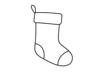 Christmas stocking drawing. Black and white outline of a Christmas stocking, ready to be filled with gifts for the holiday. Vector sketch line art draw.