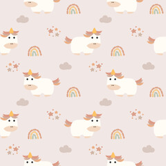 Unicorn cartoon so cute. On cloud rainbow star background. Pattern seamless vector illustration. 