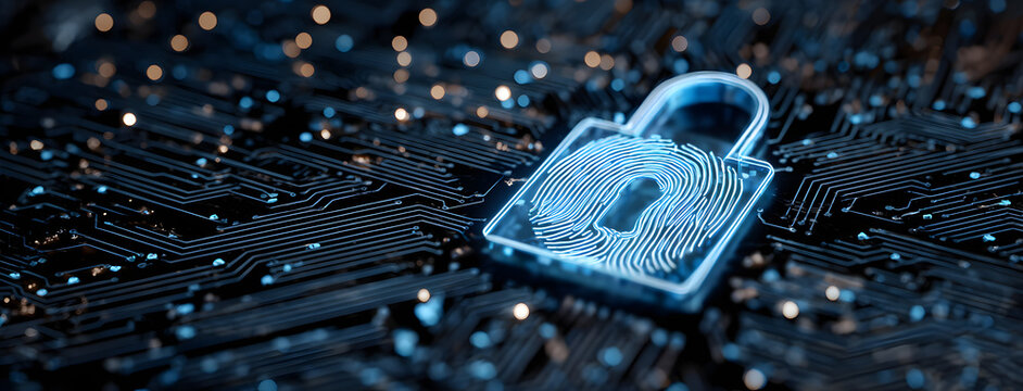 tecnolog&iacute;a de protecci&oacute;n de datos de alta tecnolog&iacute;a para compras en l&iacute;nea. Concepto de ciberseguridad con un candado digital y una huella dactilar sobre un fondo de placa de circuito.