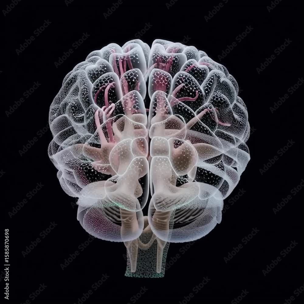 Poster amyloid plaque brain. neurodegeneration cells. a transparent digital rendering of a human brain with