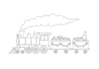 Naklejka premium Christmas train drawing. Black and white outline of a festive steam train carrying Christmas gifts and a small tree. Vector sketch line art draw.