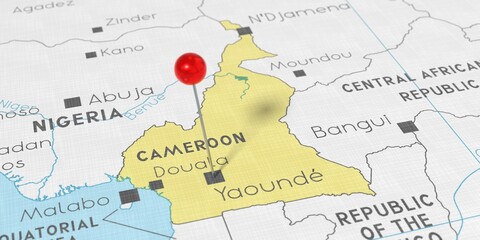 Fototapeta premium Cameroon, Yaounde - push pin on political map - 3D illustration