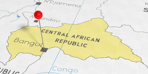 Central African Republic, Bangui - push pin on political map - 3D illustration