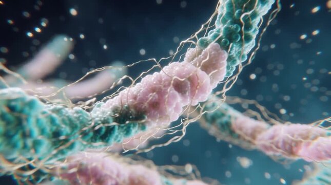 Amyloid plaque brain. Neurodegeneration cells. A close-up view of intertwined fibrous strands with detailed textures, possibly representing muscle fibers or tissue under a microscope.