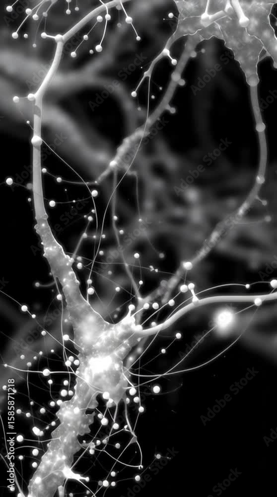Aufkleber amyloid plaque brain. neurodegeneration cells. a glowing neuron with branching dendrites and synapse