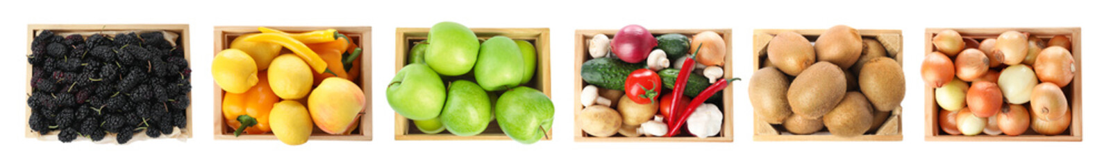 Many fresh ripe fruits and vegetables in wooden crates isolated on white, collage. Top view