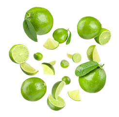 Fresh ripe limes flying on white background
