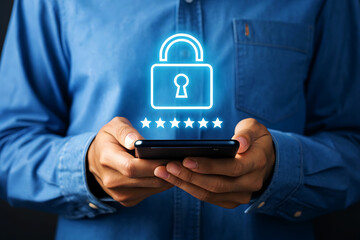 Secure mobile phone user with padlock and stars representing digital privacy