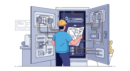 Skilled technician inspecting complex electrical panel and wiring diagrams during routine maintenance and system diagnostics