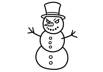 Evil snowman drawing. Black and white outline of an angry snowman with furrowed brows and a menacing expression. Vector sketch line art draw.