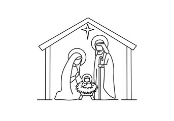 Nativity drawing. Black and white outline of the Nativity scene, depicting Mary, Joseph, and baby Jesus in a manger under a star. Vector sketch line art draw. © CreativeDesign
