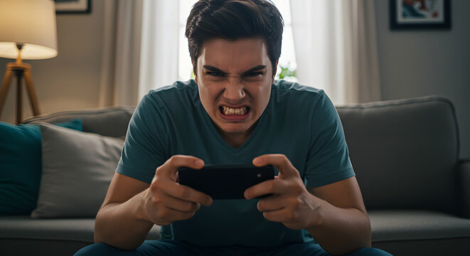 man get upset while playing a video game on phone