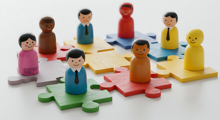 children playing with puzzle pieces, colorful wooden toy blocks, RelevanceColorful wooden figures represent diverse people connecting on jigsaw pieces. Teamwork, diversity concept visualizgame of game