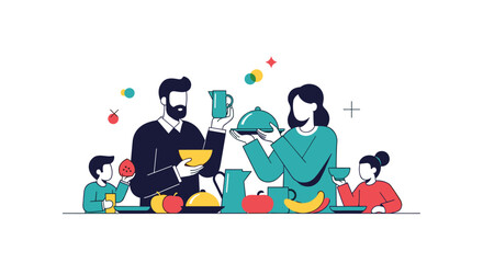 Family enjoys a gathering with food and drinks at a table with vases and fruit on a white background