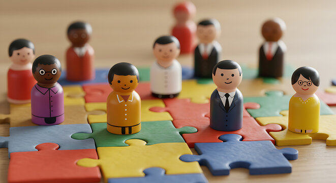 children playing with puzzle pieces, colorful wooden toy blocks, RelevanceColorful wooden figures represent diverse people connecting on jigsaw pieces. Teamwork, diversity concept visualizgame of game