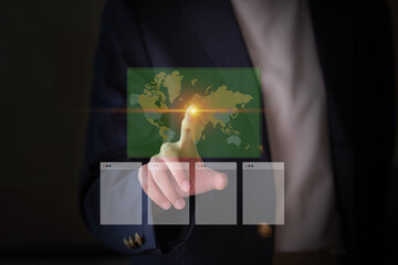 A woman in a business suit interacts with a virtual network.