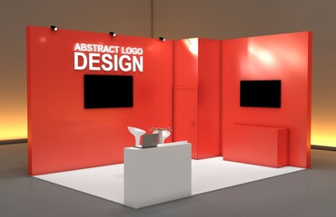 Blank indoor exhibition with work paths. Blank black trade exhibition booth system stand.