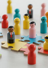 children playing with puzzle pieces, colorful wooden toy blocks, RelevanceColorful wooden figures represent diverse people connecting on jigsaw pieces. Teamwork, diversity concept visualizgame of game