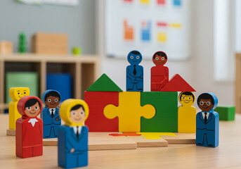 children playing with puzzle pieces, colorful wooden toy blocks, RelevanceColorful wooden figures represent diverse people connecting on jigsaw pieces. Teamwork, diversity concept visualizgame of game
